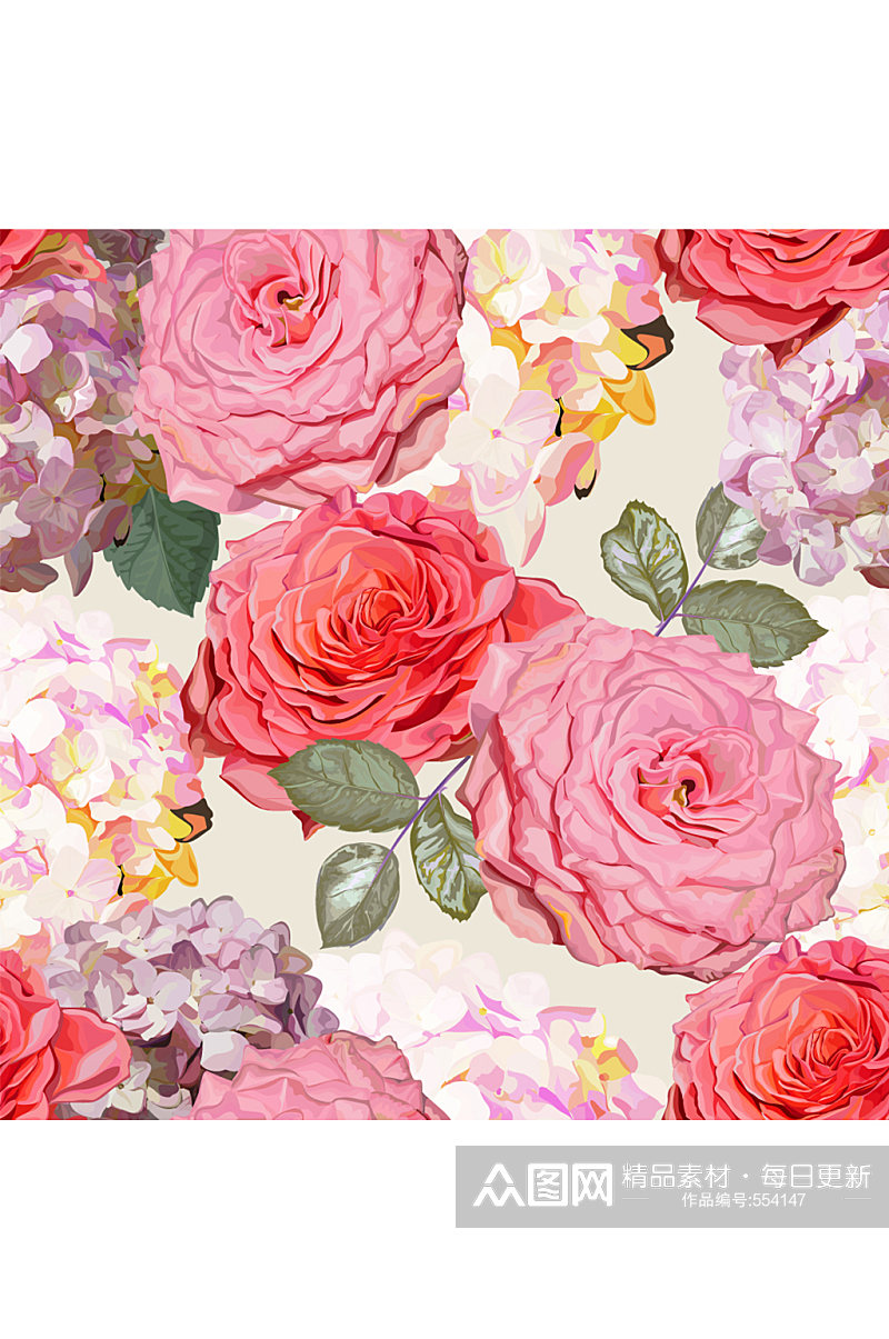 水彩绘绣球花和蔷薇花无缝背景矢量图素材