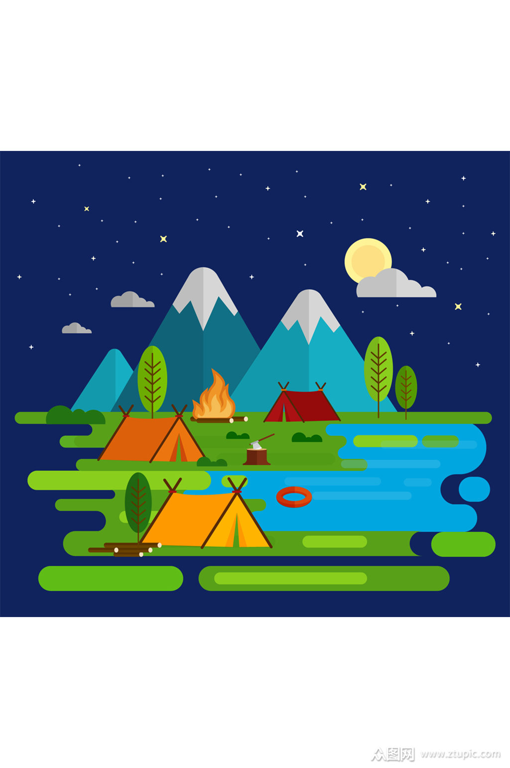 扁平化夏季野营风景矢量素材