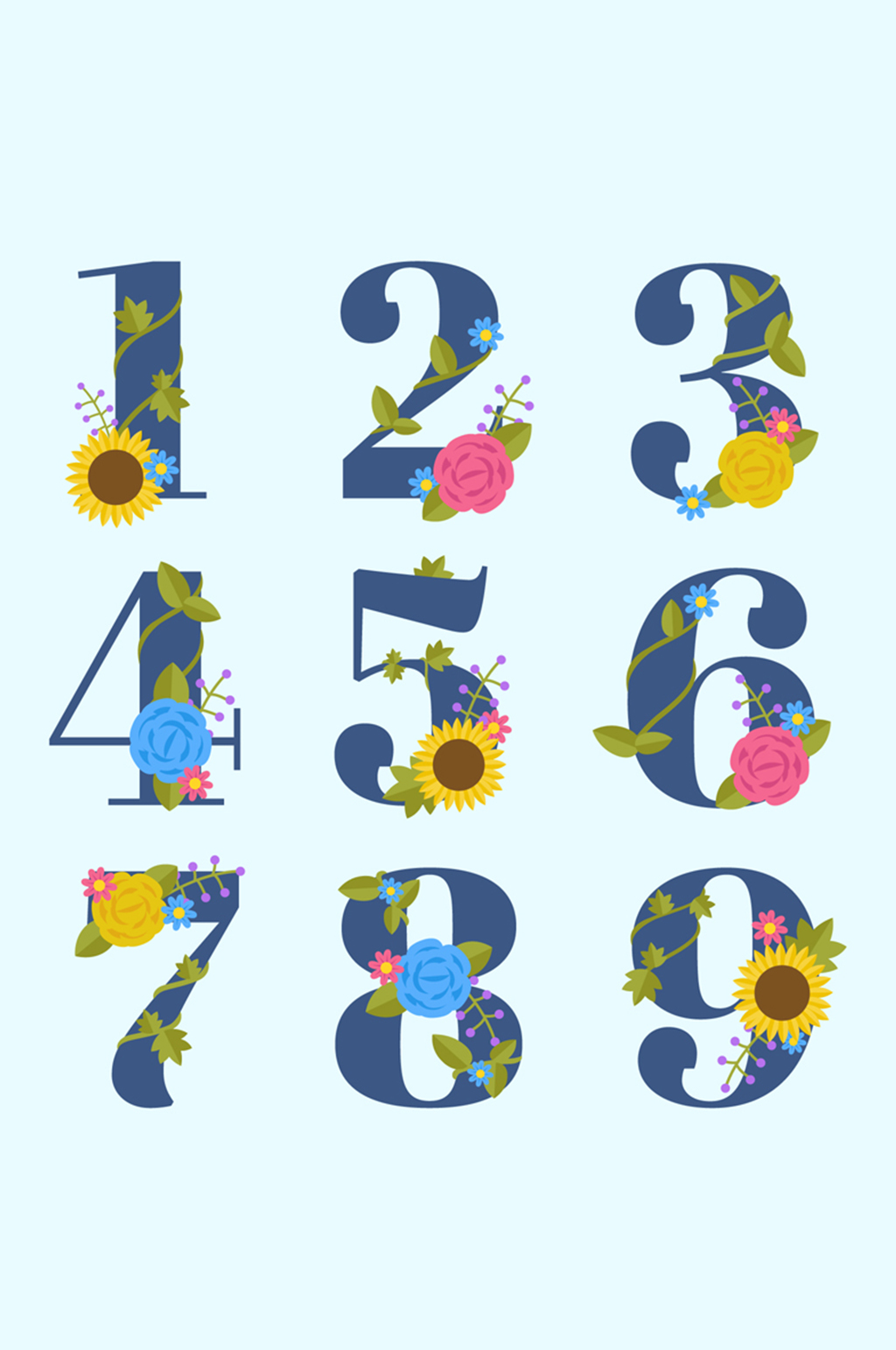 9款彩色花卉数字艺术字矢量图素材