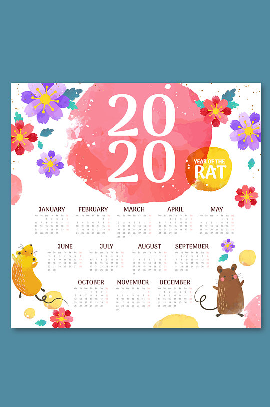 2020年彩绘花卉和老鼠年历矢量图
