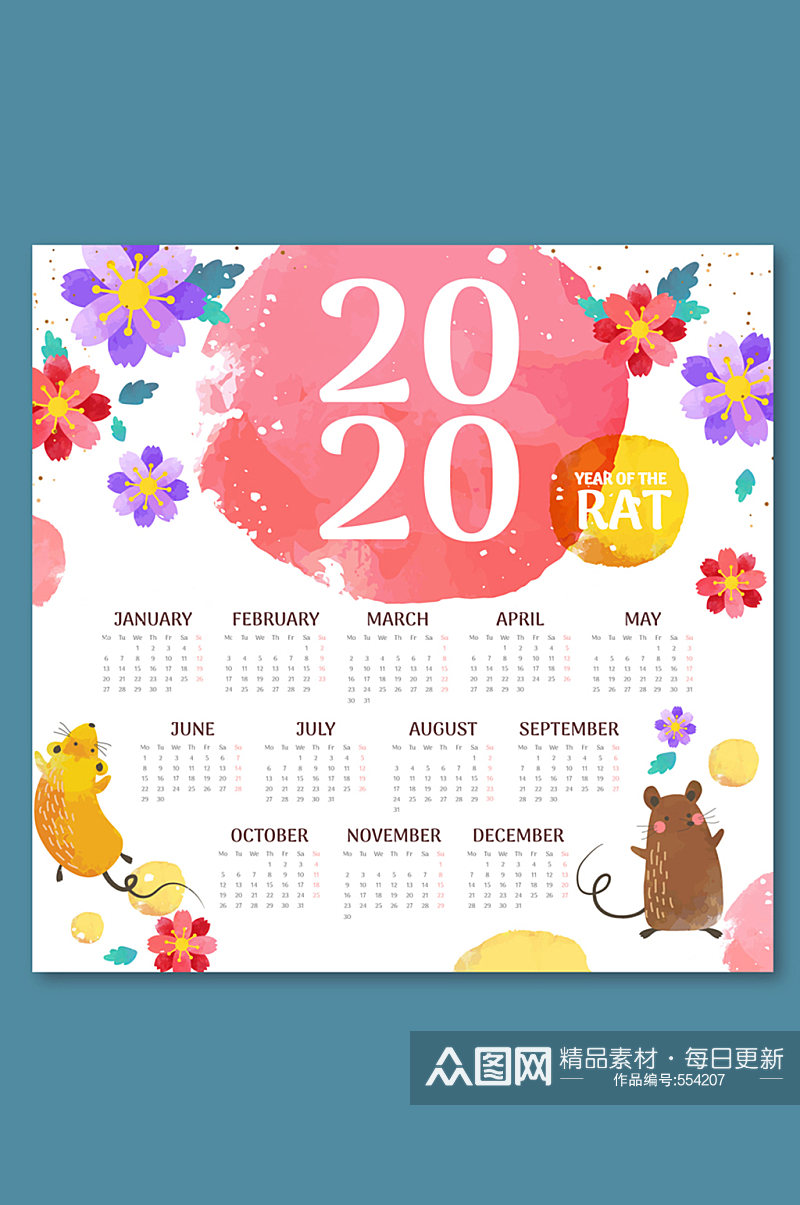 2020年彩绘花卉和老鼠年历矢量图素材
