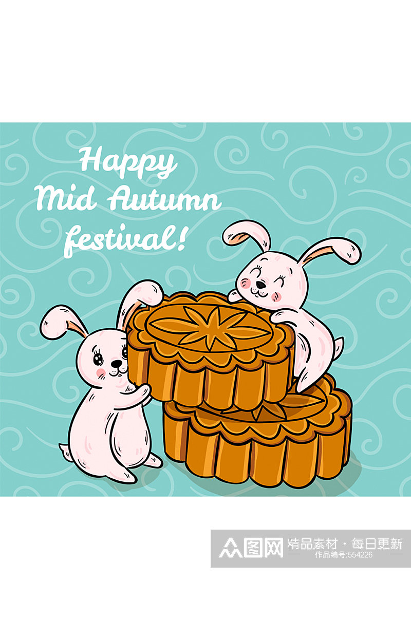 可爱中秋节月饼和兔子矢量素材素材