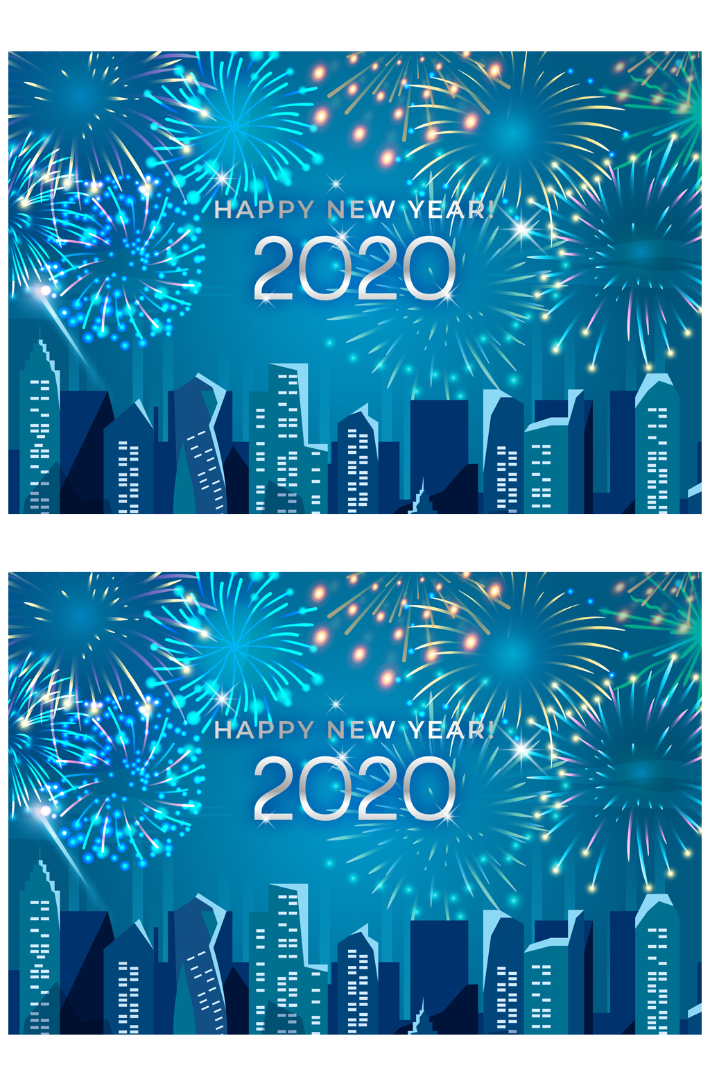 2020年蓝色城市烟花贺卡矢量图素材