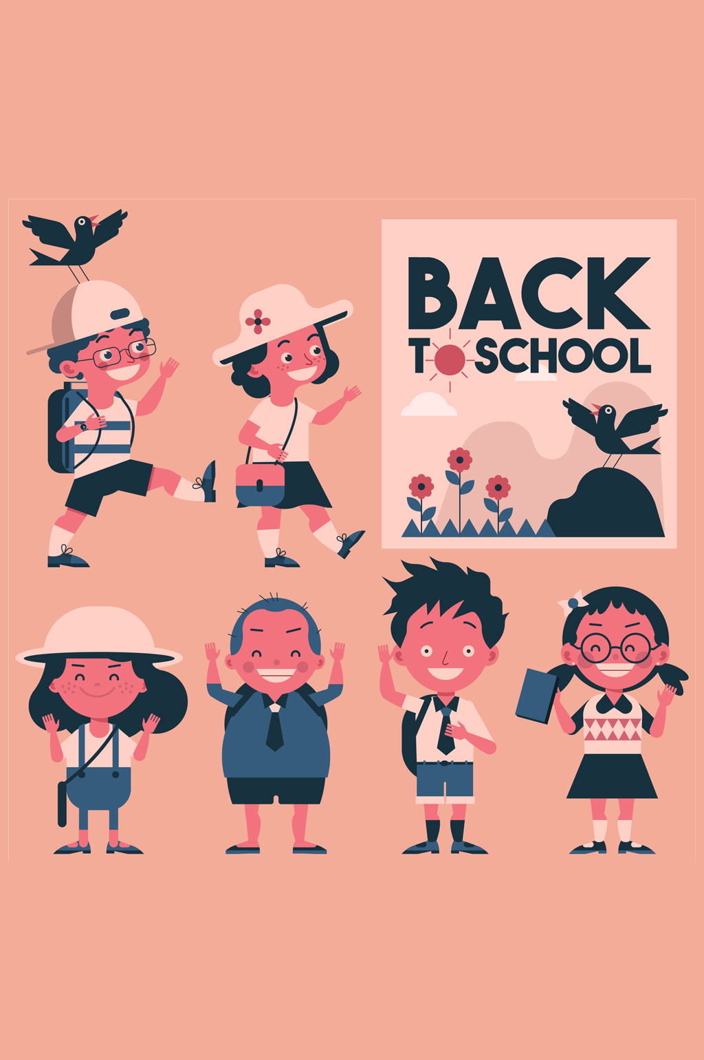 6款可爱阳光返校学生矢量素材素材