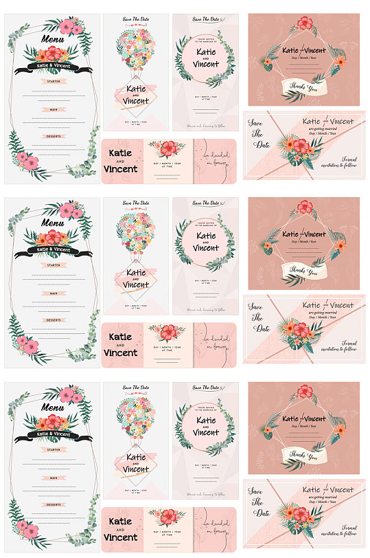 6款彩色花卉婚礼卡片矢量素材