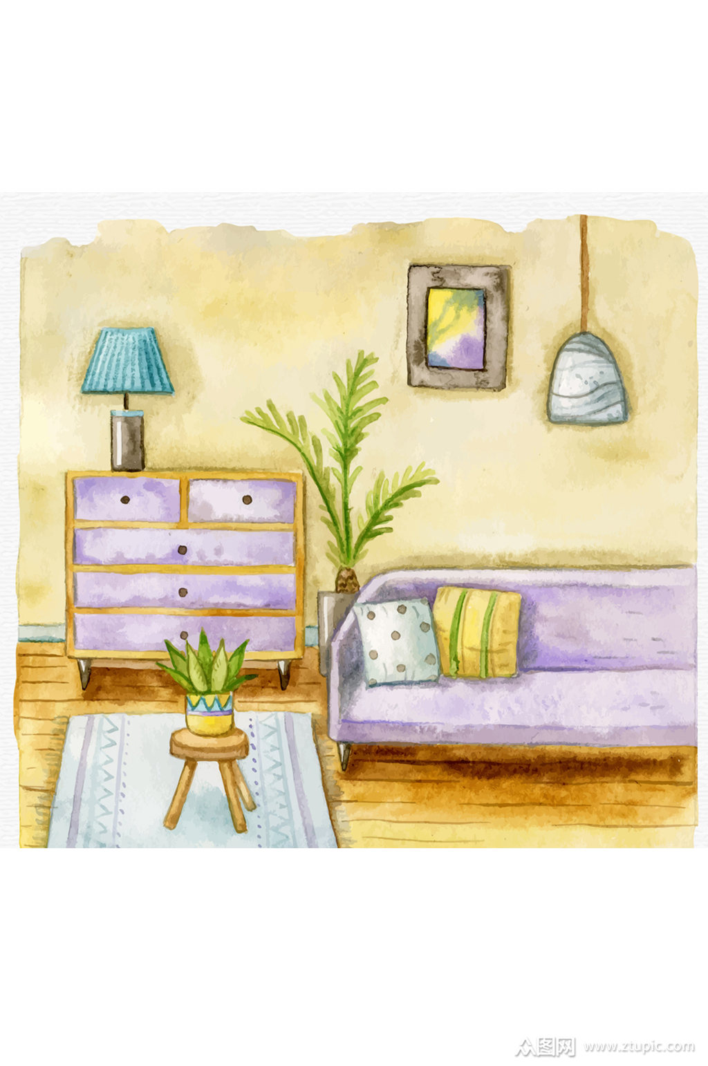 彩绘温馨客厅设计矢量素材素材