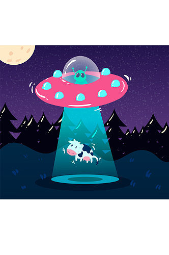 卡通绑架奶牛的外星飞碟矢量图