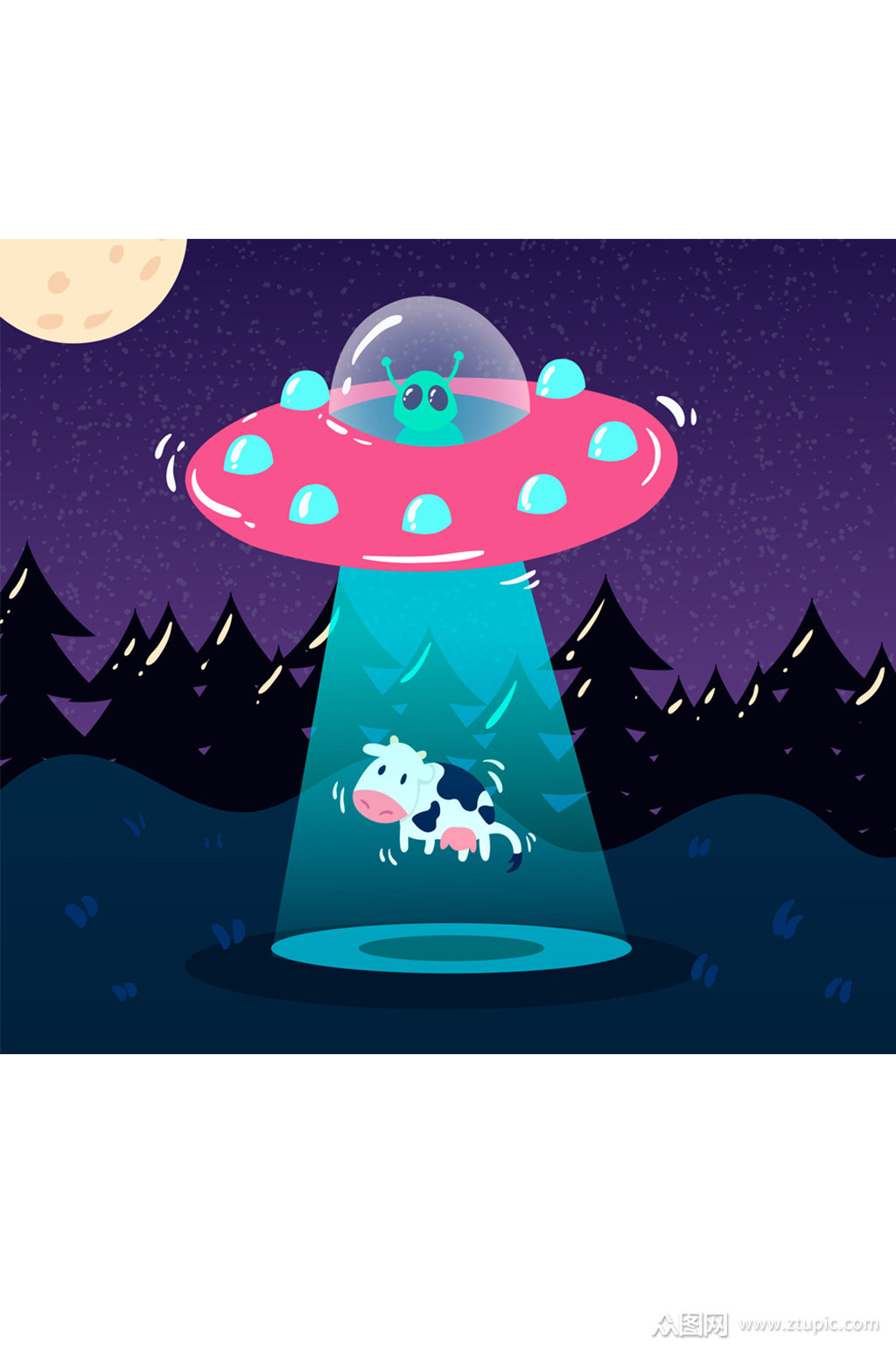 卡通绑架奶牛的外星飞碟矢量图