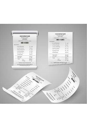 4款白色纸质收据设计矢量图