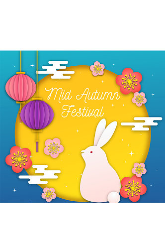 彩色中秋节月亮和白兔剪贴画矢量图