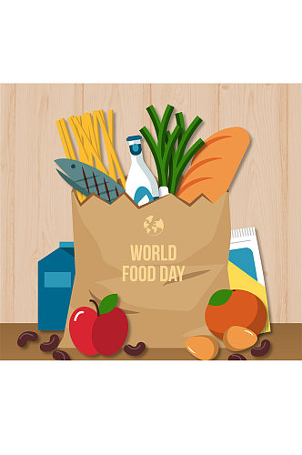 创意世界粮食日装满袋子的食物矢量图