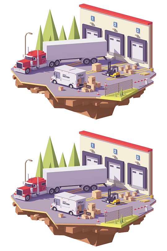 立体装卸货物的运货车和仓库矢量素材