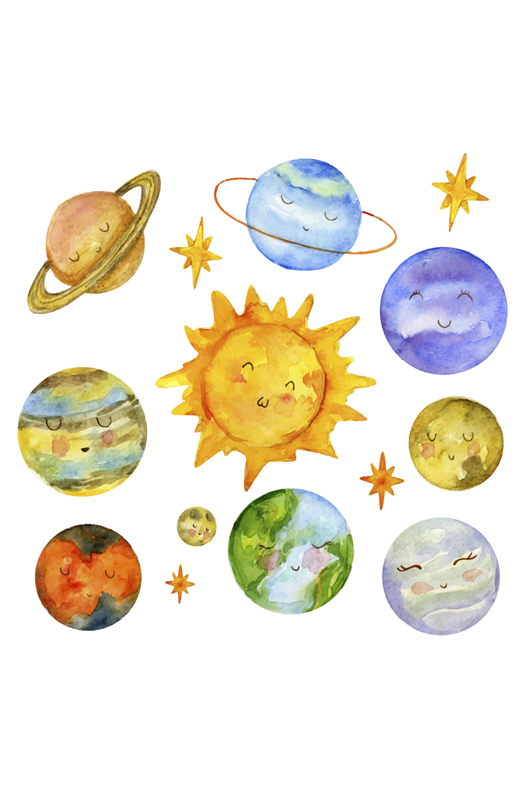 水彩绘可爱表情太阳系行星矢量图素材