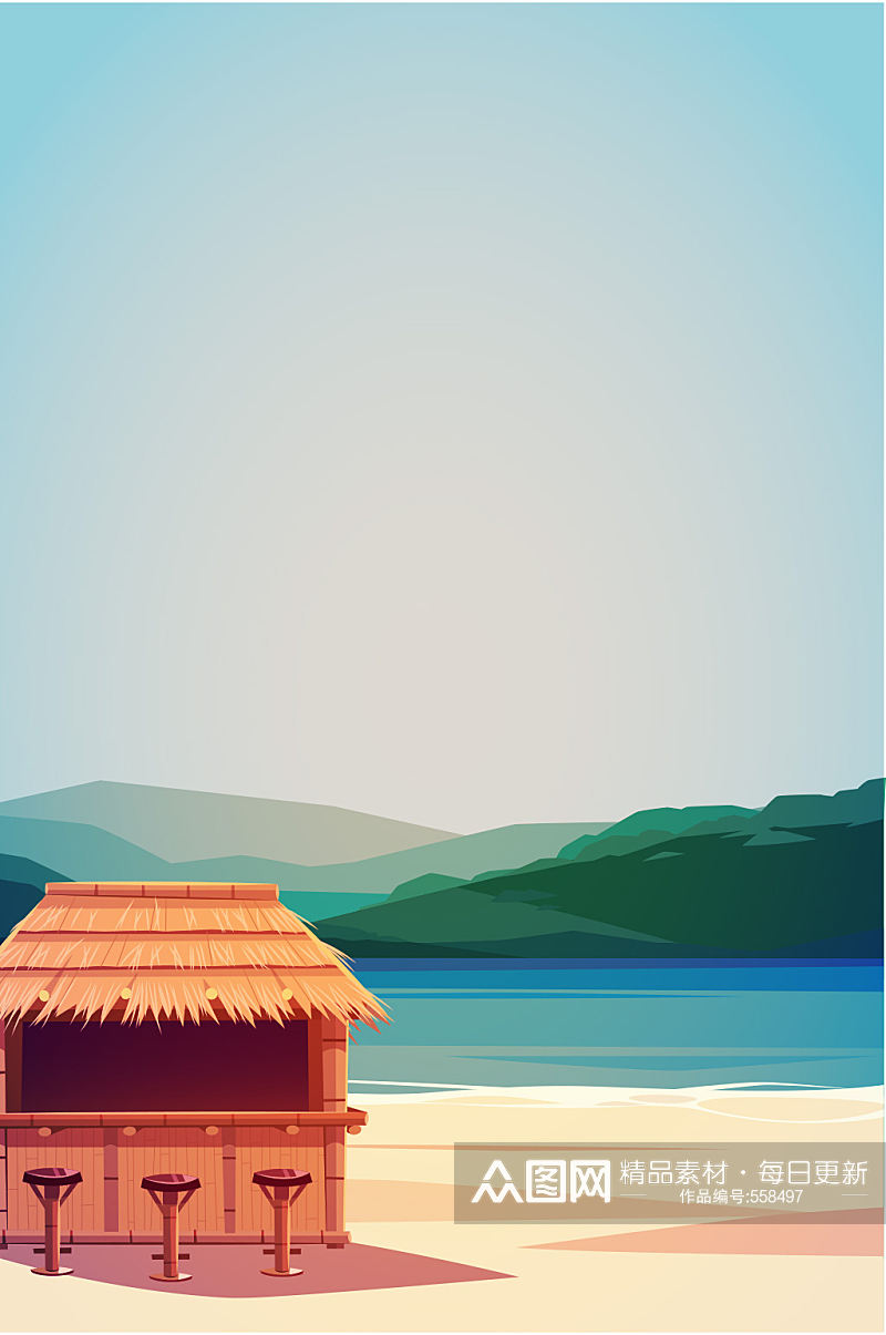 蓝天高山海滩房子矢量背景元素设计素材