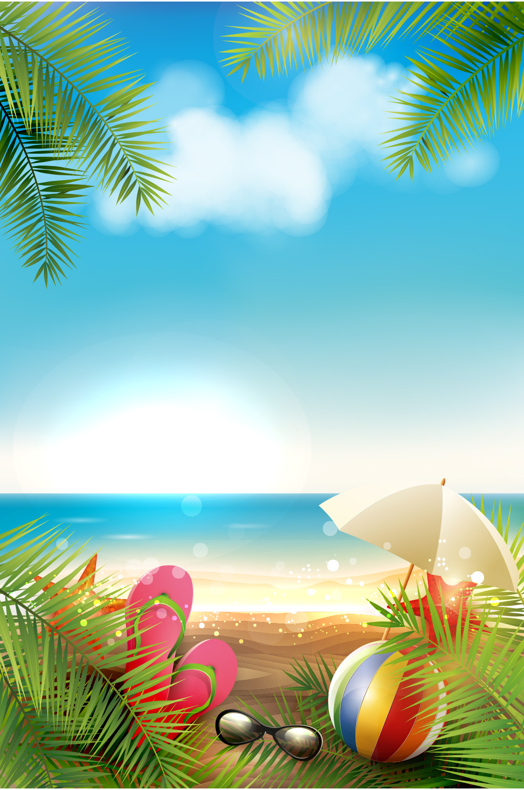 精品矢量夏季花草海滩背景元素设计素材