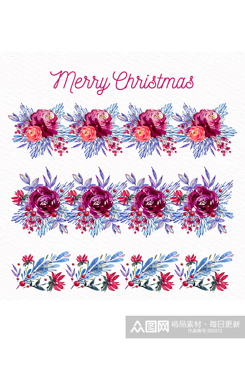 3款彩绘圣诞节花卉花边矢量图素材