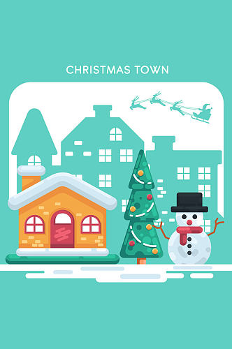 创意圣诞小城房屋和雪人矢量素材