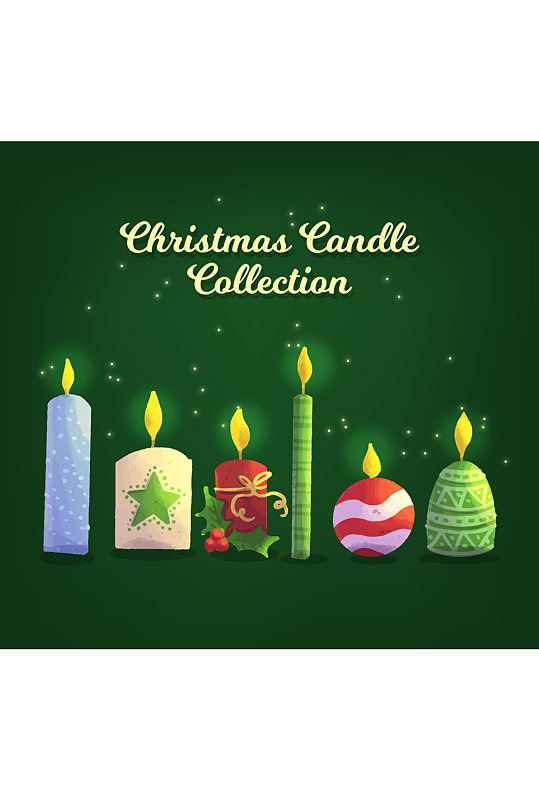 6款彩色圣诞蜡烛卡通设计矢量图海报