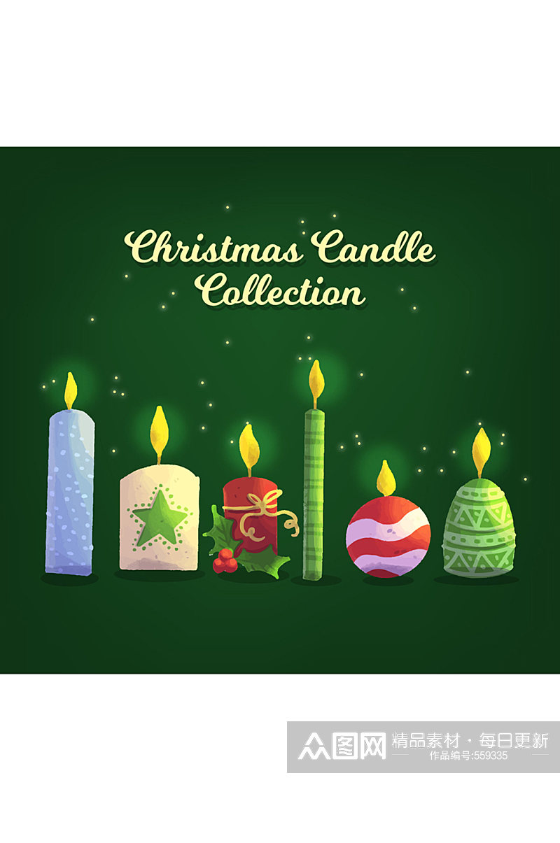 6款彩色圣诞蜡烛卡通设计矢量图海报素材