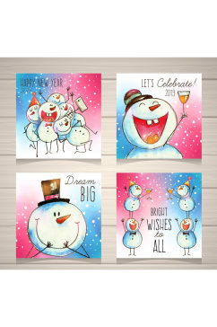 4款手绘雪人新年卡片矢量素材