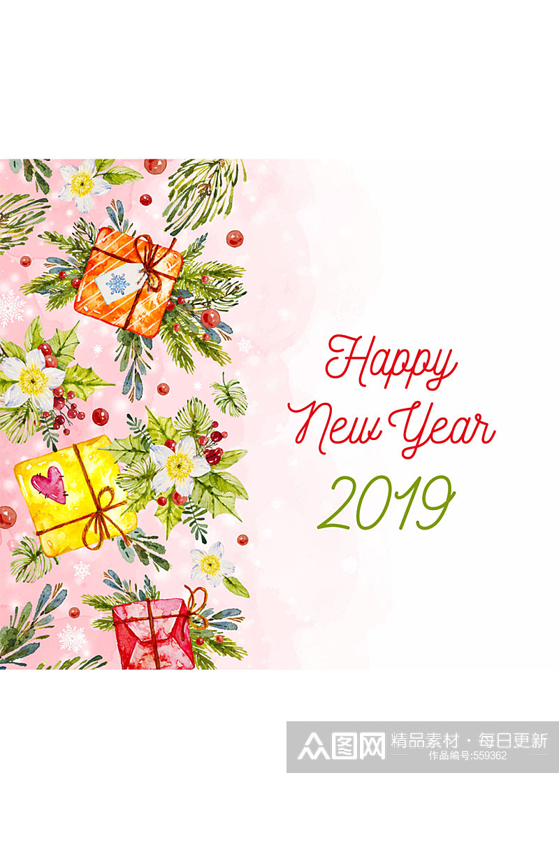 2019年彩绘新年礼物和花卉矢量素材素材