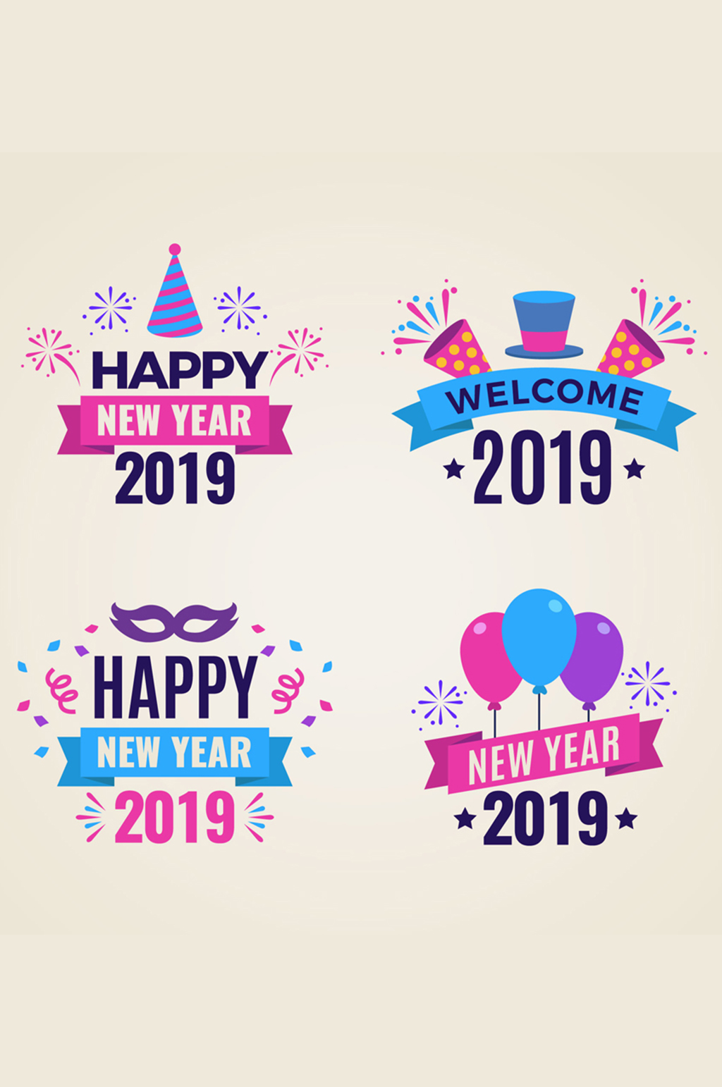 4款扁平化2019年新年快乐标签矢量图素材