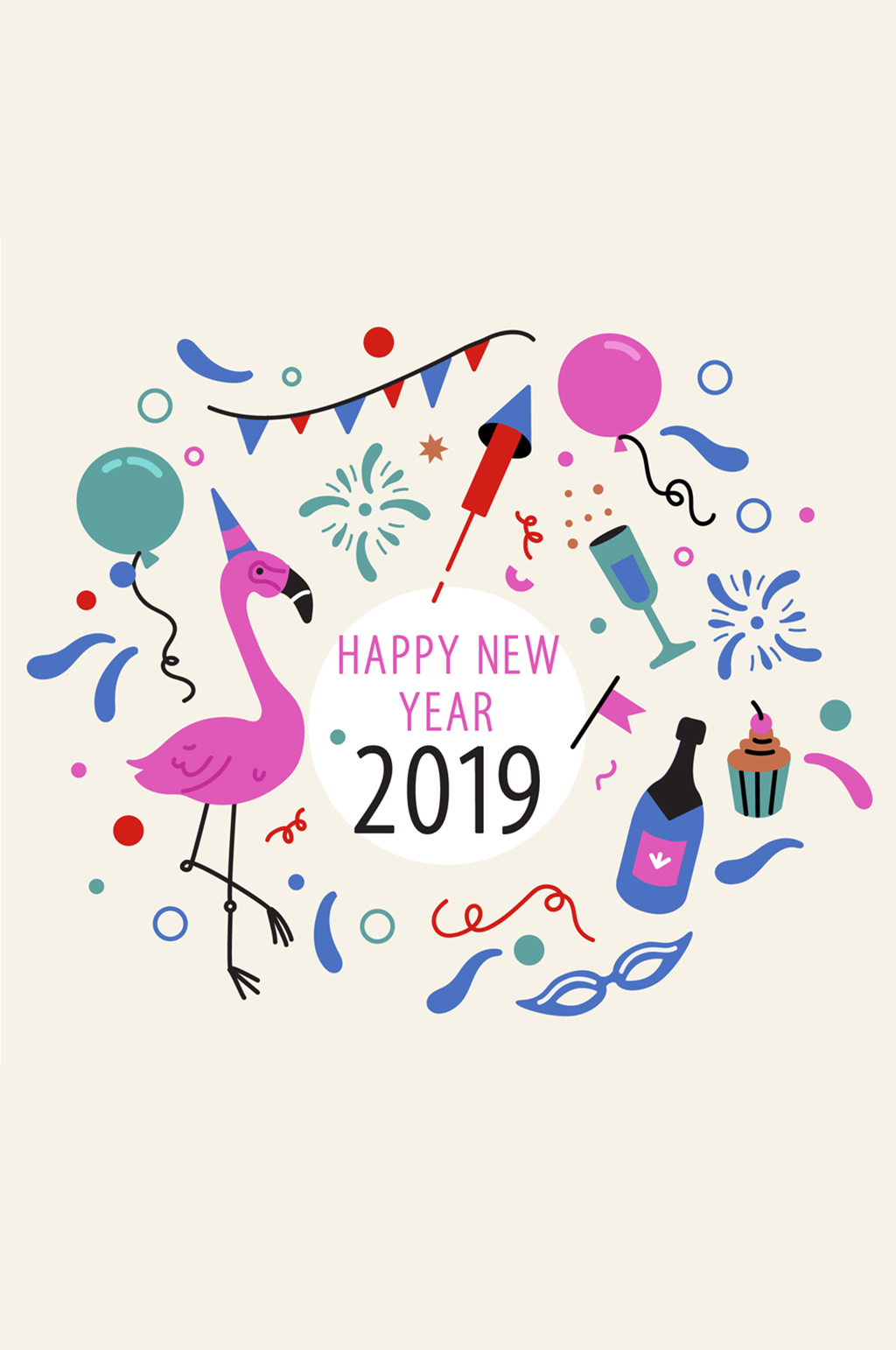 2019年彩绘火烈鸟贺卡矢量图素材
