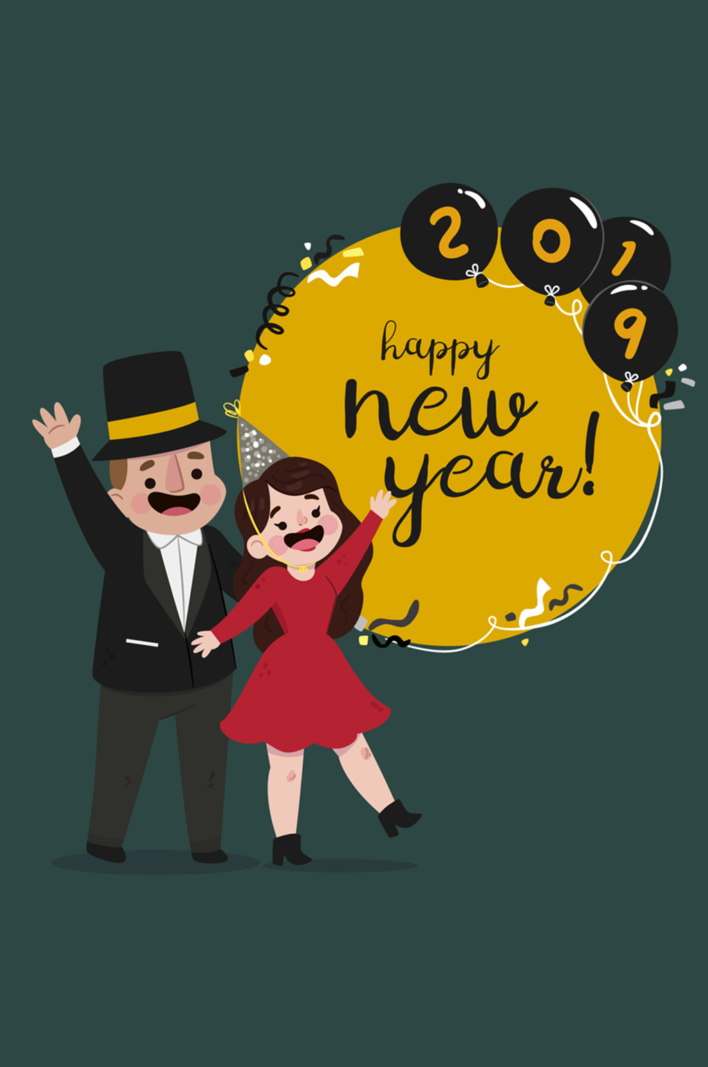 卡通新年招手情侣贺卡矢量素材素材