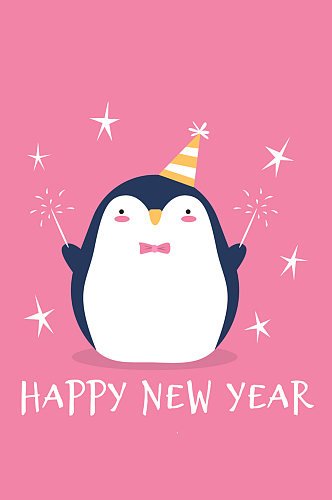 可爱新年玩烟花的企鹅矢量图