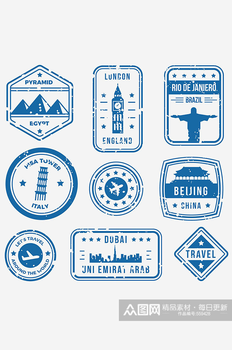 9款蓝色旅游城市邮戳矢量图素材