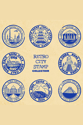 8款复古旅游城市邮戳矢量图