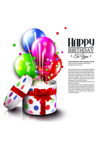 彩色气球和打开的礼盒生日贺卡矢量图