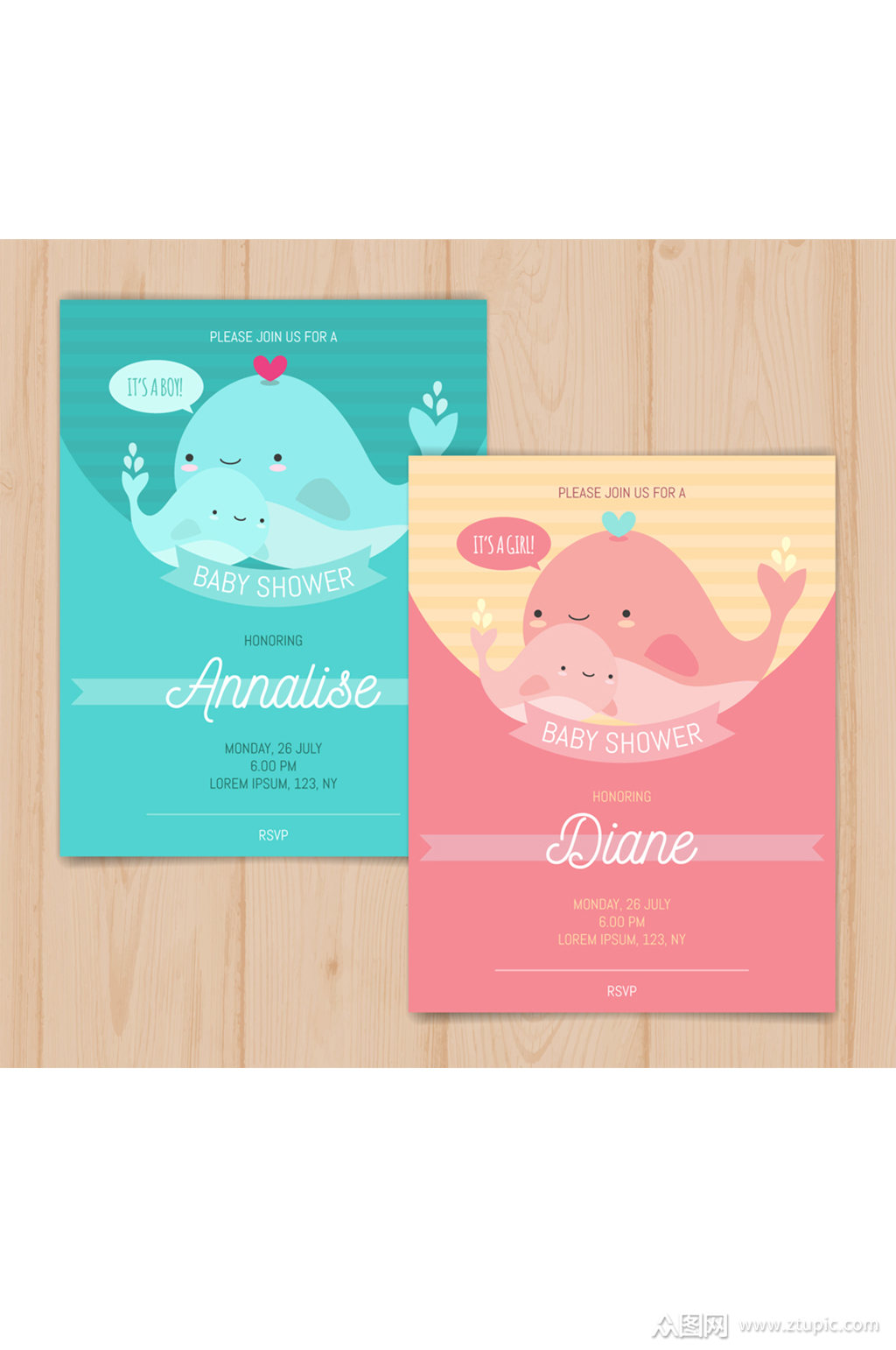 2款可爱鲸鱼迎婴派对邀请卡矢量图