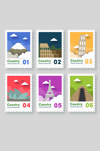 6款彩色纸质旅游城市邮票矢量图