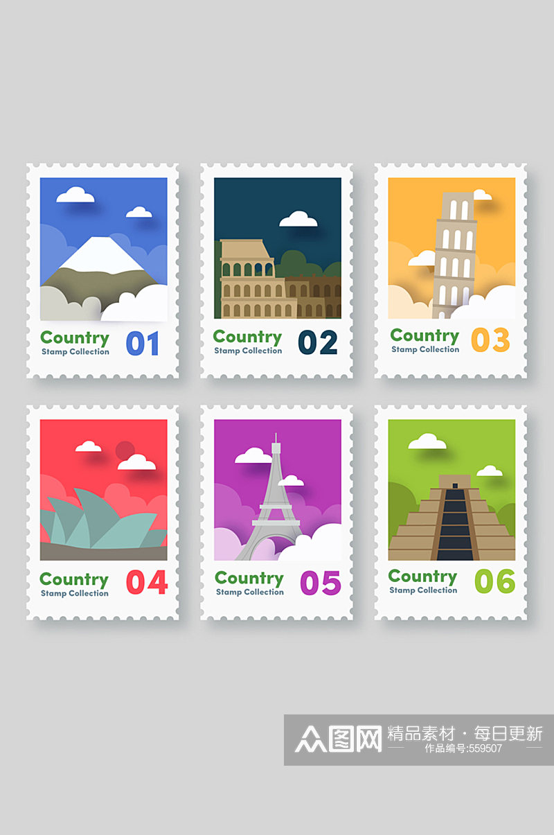 6款彩色纸质旅游城市邮票矢量图素材