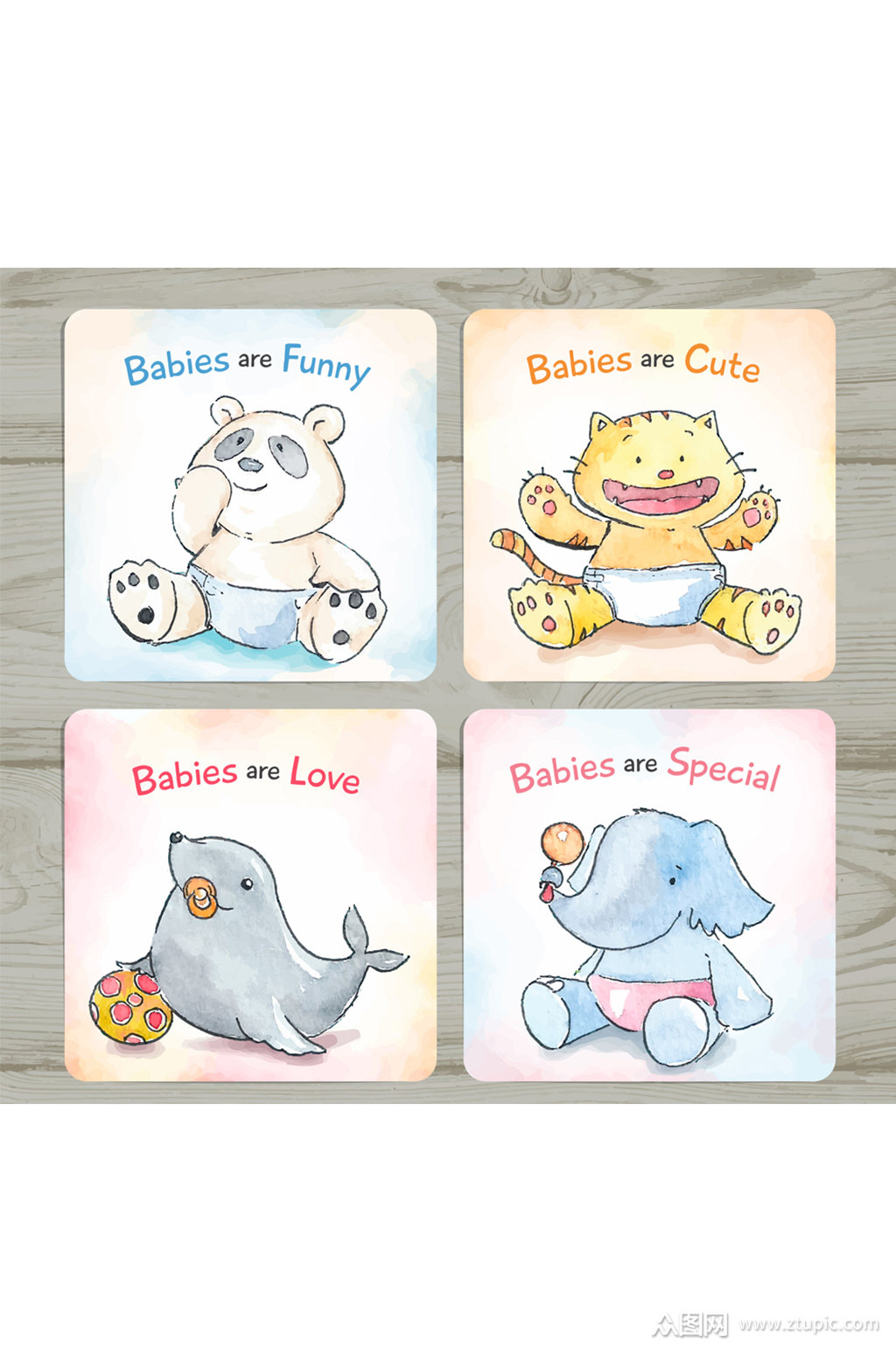 4款可爱手绘动物迎婴卡片矢量图