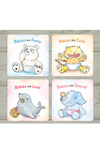 4款可爱手绘动物迎婴卡片矢量图