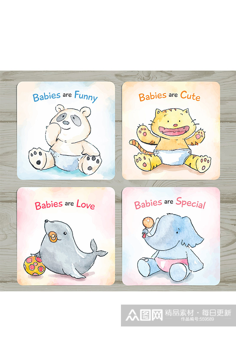 4款可爱手绘动物迎婴卡片矢量图素材