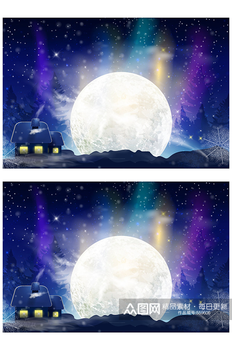 卡通冬季夜晚月亮风景矢量图素材