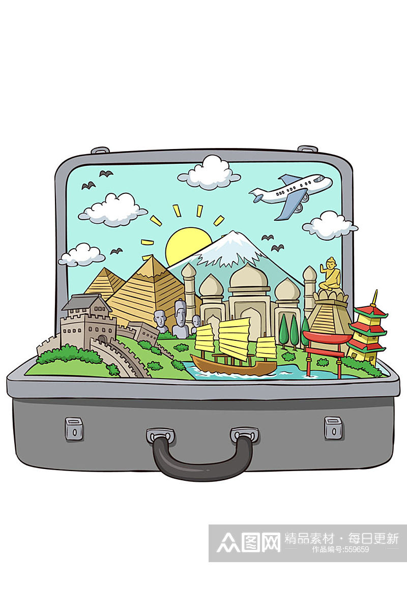 创意行李箱里的旅游风景矢量图素材
