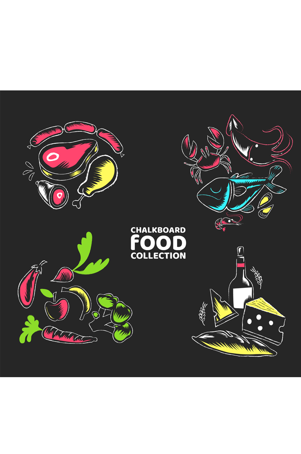 4组彩色食物黑板画矢量素材素材