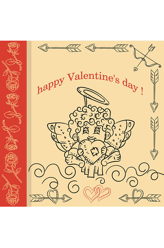 手绘情人节拿爱心的丘比特贺卡矢量素材