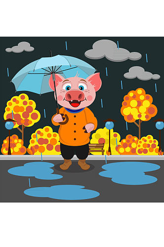 卡通雨中撑伞的猪矢量素材