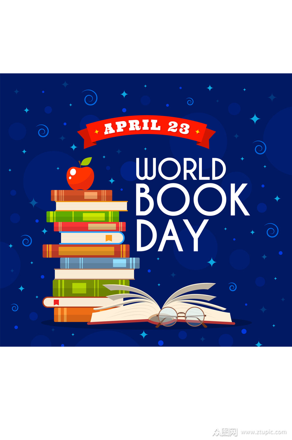 彩色世界图书日堆起的书籍矢量图素材