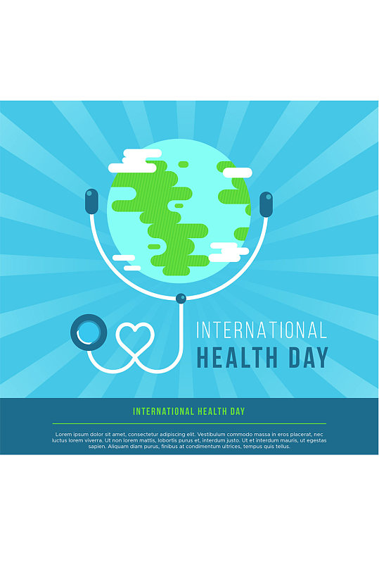扁平化世界卫生日地球和听诊器矢量图