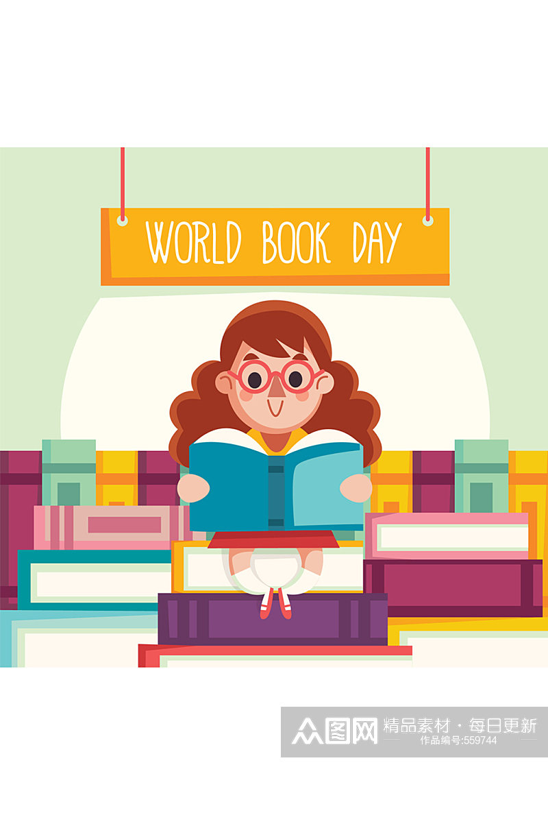 创意世界图书日阅读的女子矢量图素材