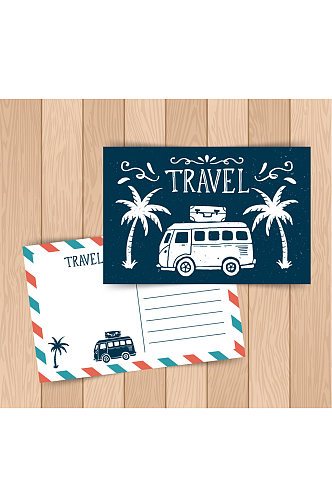 创意椰子树旅行车明信片格式正反面矢量图