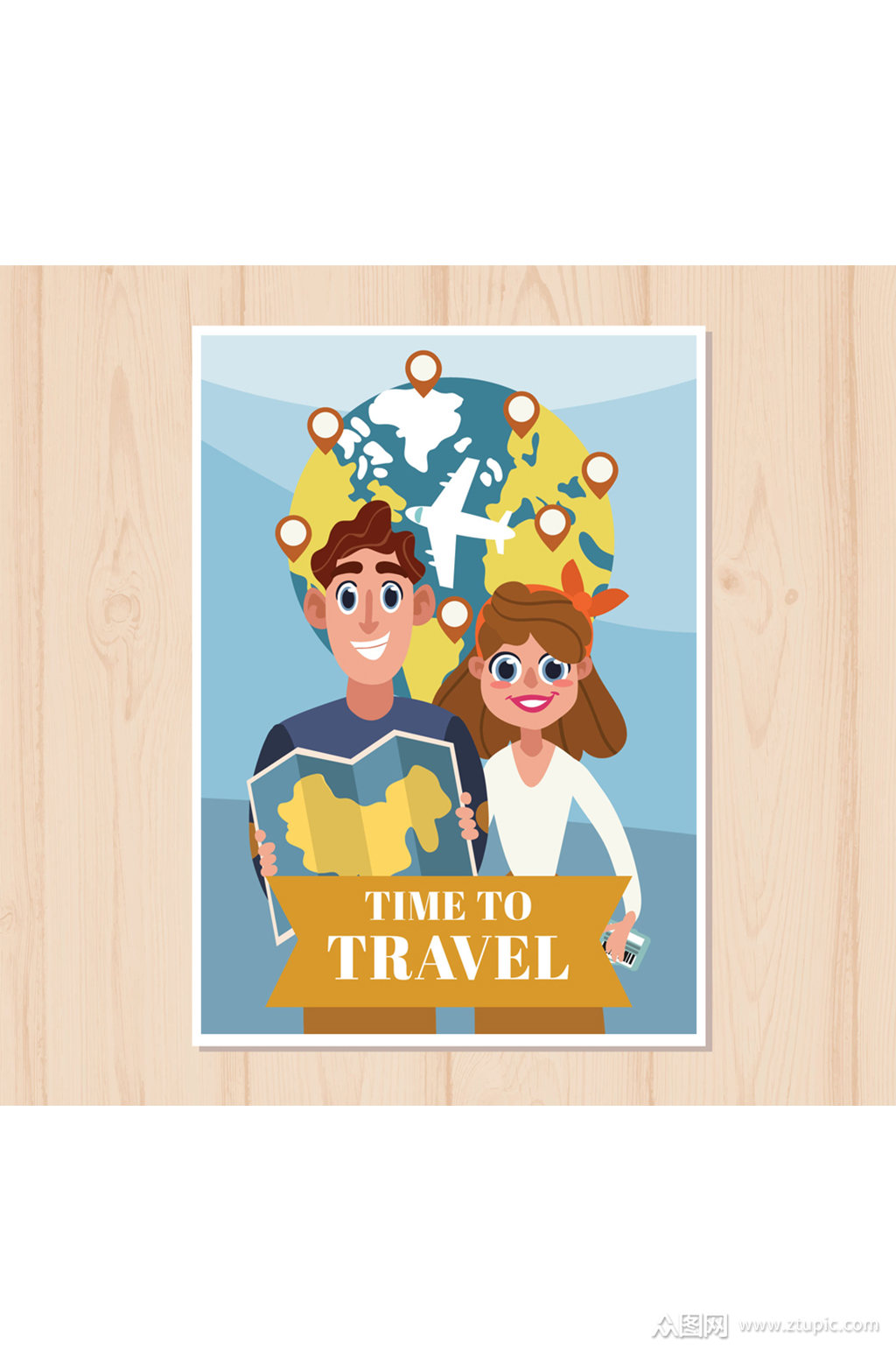 卡通环球旅行男女卡片设计矢量图