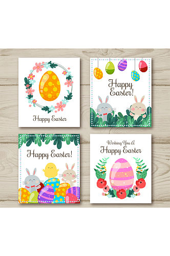 4款可爱兔子和彩蛋祝福卡矢量图