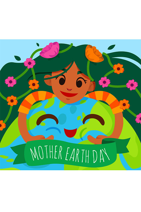 卡通世界地球日怀抱地球的女孩矢量图